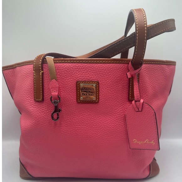 Dooney & Bourke Handbags - Dooney & Bourke Pink Pebble Grain Leather Tote‎ Bag Brown Trim Zip Top Shopper